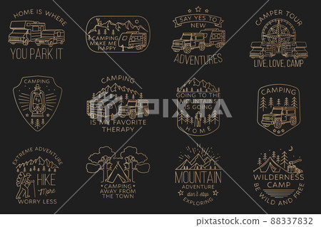 Set of camping badges, patches. Vector. Concept for shirt or logo, print, stamp or tee. Vintage line art design with camper tent, hiker, 3d off-road car, trailer and mountain. Set of camping badges, patches. Vector. Concept for shirt or logo, print, stamp or tee. Vintage line art design with camper tent, hiker, 3d off-road car, trailer and mountain. 88337832