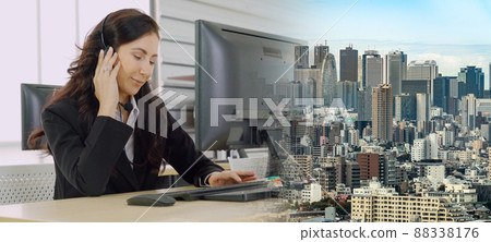 Business people wearing headset working in office broaden view Business people wearing headset working in office broaden view 88338176