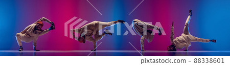 Composite image with man dancing hip-hop, breakdance in white clothes on gradient pink blue background. 88338601