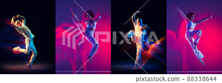 Collage with young energetic girl and boy, hip-hop dancers dancing isolated on dark background with mixed neon light. 88338644