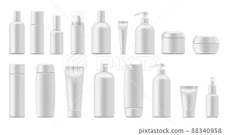 Cosmetic bottles. Plastic container for cream shamoo lotion. Vector beauty care realistic tubes Cosmetic bottles. Plastic container for cream shamoo lotion. Vector beauty care realistic tubes 88340958