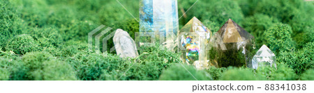 Healing crystals on brown background Healing crystals on brown background 88341038