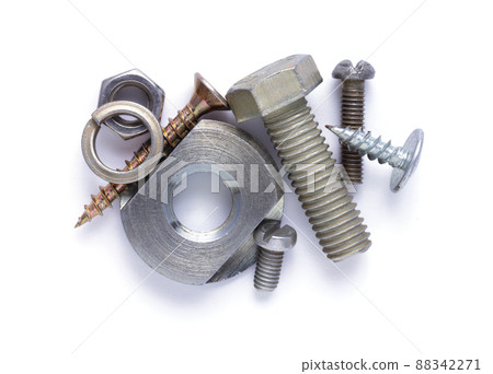 Set of old metal screw, bolt head, nut, washer tool isolated at white background Set of old metal screw, bolt head, nut, washer tool isolated at white background 88342271