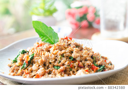 Stir fried Thai basil with minced pork. 88342380