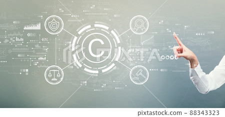 Copyright concept with hand pressing a button Copyright concept with hand pressing a button 88343323