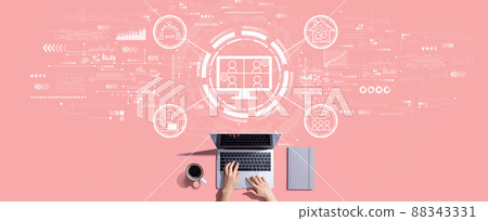 Online meeting theme with person working with laptop Online meeting theme with person working with laptop 88343331