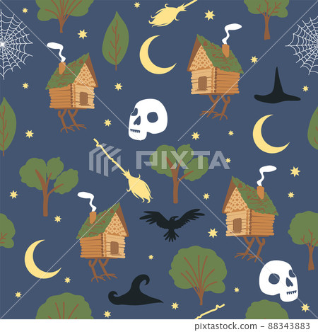 Chicken legs seamless pattern. Forest, broom, web, witch, skull, raven witchcraft attributes Traditional Russian fairy tale Chicken legs seamless pattern. Forest, broom, web, witch, skull, raven witchcraft attributes Traditional Russian fairy tale 88343883