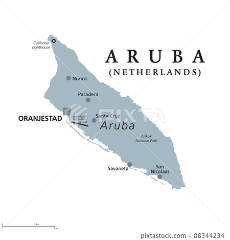Aruba, gray political map. Island in the Leeward Antilles in the Caribbean Sea. Constituent country of Kingdom of the Netherlands, capital Oranjestad. Part of ABC islands, off the coast of Venezuela. 88344234