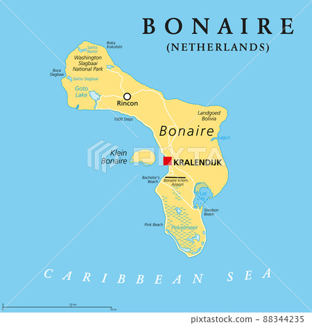 Bonaire, Netherlands, political map. Island in the Leeward Antilles in the Caribbean Sea, with capital Kralendijk. Part of the ABC Islands, off the coast of Venezuela, outside  88344235