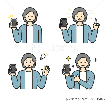 一位年長婦女用一隻手拿著智能手機的插圖素材 一位年長婦女用一隻手拿著智能手機的插圖素材 88345827