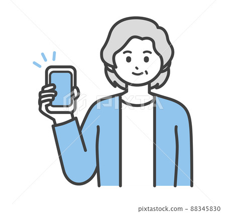 Illustration material that an elderly woman holds a smartphone with one hand 88345830