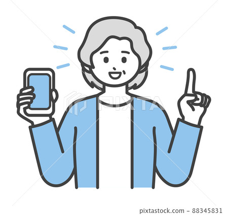 Illustration material that an elderly woman holds a smartphone with one hand 88345831