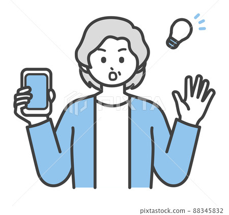 Illustration material that an elderly woman holds a smartphone with one hand 88345832