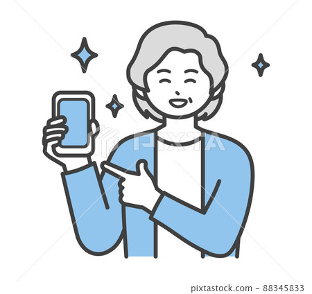 Illustration material that an elderly woman holds a smartphone with one hand 88345833