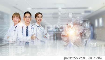 Double exposure group of happy smart doctor and nurse in hospital with interface data background, Healthcare and medical concept. Double exposure group of happy smart doctor and nurse in hospital with interface data background, Healthcare and medical concept. 88345962