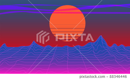 sun mountains horizon abstract background 80e style, bright vintage retro illustration 88346446
