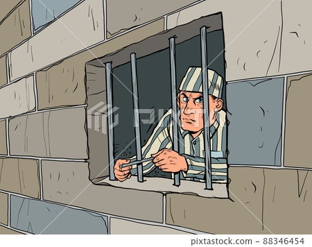The lawbreaker is in jail. a prisoner in a striped uniform, a dangerous criminal. Escape attempt 88346454