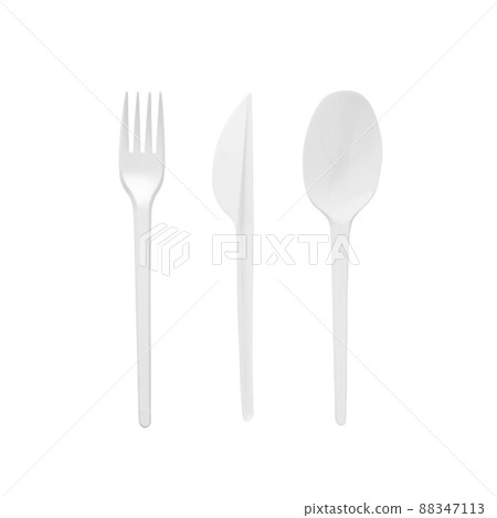 White plastic spoon, fork and knife isolated on white background. 88347113