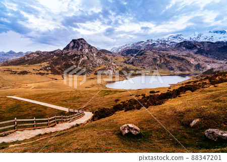 View of lakes of Covadonga sunset. Ercina Lake. Asturias View of lakes of Covadonga sunset. Ercina Lake. Asturias 88347201
