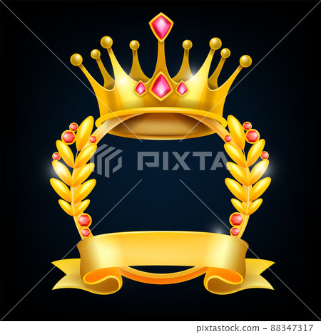 Gold crown winner frame, vector award laurel wreath, trophy circle emblem, victory ribbon on black 88347317