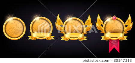 Golden game frame set vector UI avatar level up circle border kit gemstone medieval RPG ranking icon 88347318