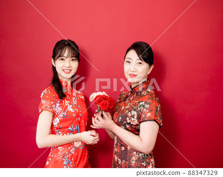 A portrait of a mother's day mother's day, a carnation of a mother's day, a carnation of a mother's day, a crimson background, and an applied mother's day and sympathetic subject. 88347329