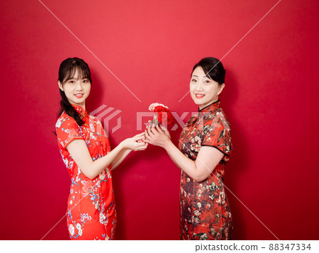母親節母親節肖像，母親節康乃馨，母親節康乃馨，深紅色背景，應用母親節和同情的主題。 88347334