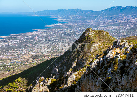 View of the north coast from the ruins of St Hilarion Castle. Kyrenia District, Cyprus 88347411
