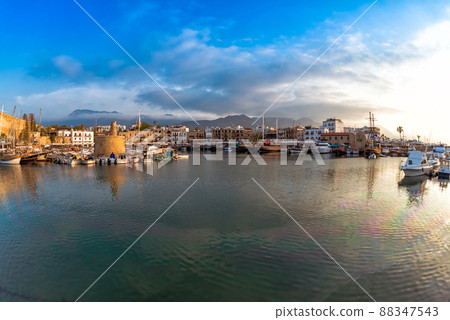 Scenic view of historic harbor and the old town in Kyrenia (Girne). Cyprus 88347543