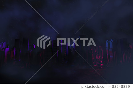 3d render of Cyber punk night city landscape concept. Light glowing on dark scene.  Night life. Technology network for 5g. Beyond generation and futuristic of Sci-Fi Capital city and building scene. 88348829