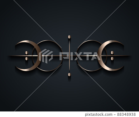 Sacred Geometry, silver logo with sun, crescent moon, alchemy esoteric lunar phase, mystical magic celestial talisman. Spiritual occultism object vector illustration isolated on black background Sacred Geometry, silver logo with sun, crescent moon, alchemy esoteric lunar phase, mystical magic celestial talisman. Spiritual occultism object vector illustration isolated on black background 88348938