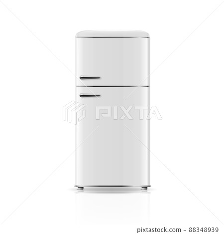 Vector 3d Realistic White Retro Vintage Fridge Icon Isolated on White. Vertical Refrigerator. Closed Fridge. Design Template, Mockup of Fridge. Front View 88348939
