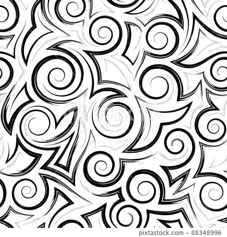 Seamless vector geometric pattern of black spirals of angles and lines isolated on a white background.Seamless vector monochrome pattern of smooth lines and abstract shapes. 88348996