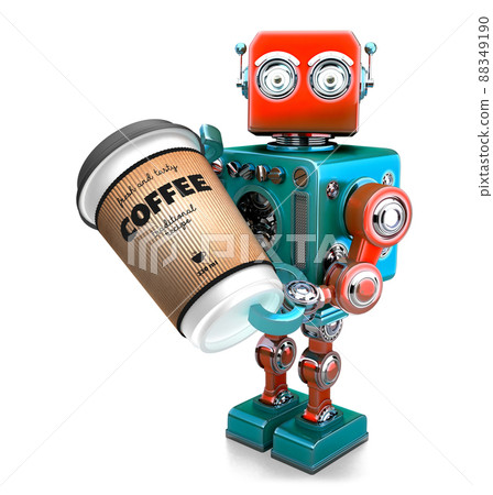 Coffee break. Cup of coffee in hand of retro robot. 3D illustration. Isolated. Contains clipping path Coffee break. Cup of coffee in hand of retro robot. 3D illustration. Isolated. Contains clipping path 88349190