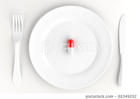 An empty dinner plate with a pill. Dietary concept. 3D illustration 88349202