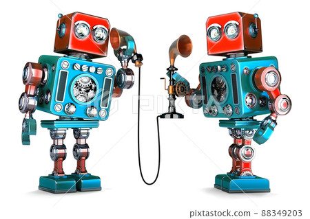 Vintage Robots having a phone conversation. 3D illustration. Isolated. Contains clipping path 88349203