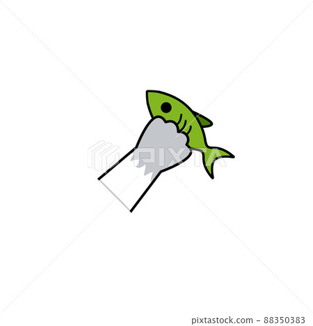 Cat paw hold fish. Proper nutrition and pet food. Kitten with toy. Outline cartoon illustration Cat paw hold fish. Proper nutrition and pet food. Kitten with toy. Outline cartoon illustration 88350383