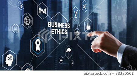 Business ethics Behavior and manners concept. Businessman pressing button on virtual screen Business ethics Behavior and manners concept. Businessman pressing button on virtual screen 88350501