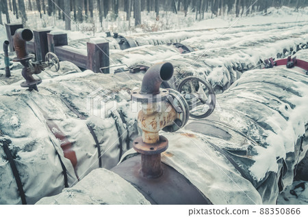 Shut-off valves on the heating main. Manual valve. Pipeline trunk. Selective focus 88350866