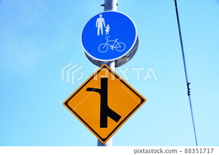 Bicycle pedestrian only with merge traffic "road sign" 88351717