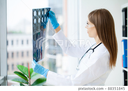 Doctor look an X-ray or MRI scan of the patient brain Doctor look an X-ray or MRI scan of the patient brain 88351845