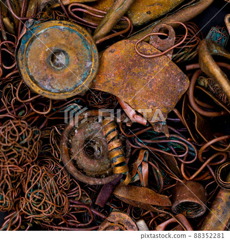 A pile of copper scrap for recycling. Copper is mainly heat pipes and heat exchangers from laptop cooling systems. 88352281