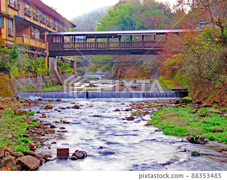 Aso's secret hot spring, Kurokawa Onsen town in the early morning 88353485