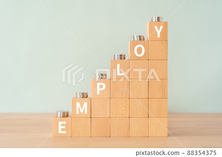 Image of employment | Building blocks and coins with "EMPLOY" written on them Image of employment | Building blocks and coins with "EMPLOY" written on them 88354375