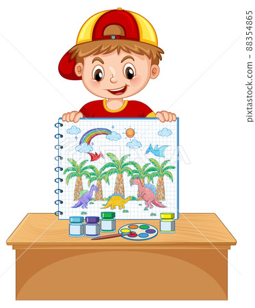 A boy holding notebook with a doodle sketch design on white background A boy holding notebook with a doodle sketch design on white background 88354865