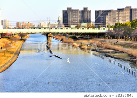Former Nakagawa Sobu Line railway bridge and boat rowers 88355043
