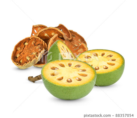 Bael fruits fresh and dry or wood apple fruit (Aegle marmelos) on a white background. 88357054