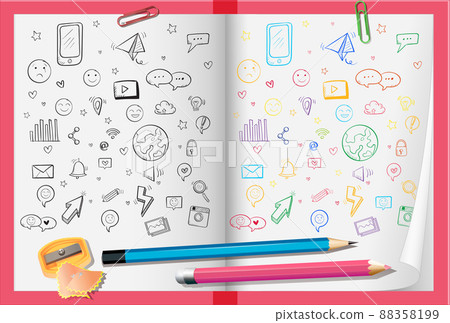 Hand drawn doodle icons on paper with pencils - Stock Illustration ...