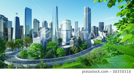Virtual design green cityscape skyline with curvy highway road Virtual design green cityscape skyline with curvy highway road 88358318