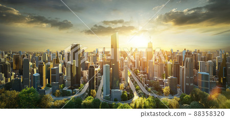 Virtual design green cityscape skyline with curvy highway road Virtual design green cityscape skyline with curvy highway road 88358320